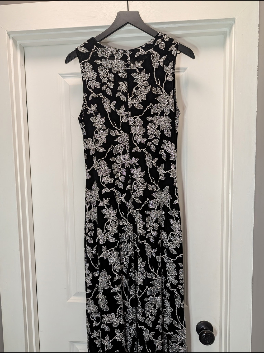 Vintage Black Maxi Dress with White Floral Pattern Silver Glitter Flowers - Picture 5 of 8
